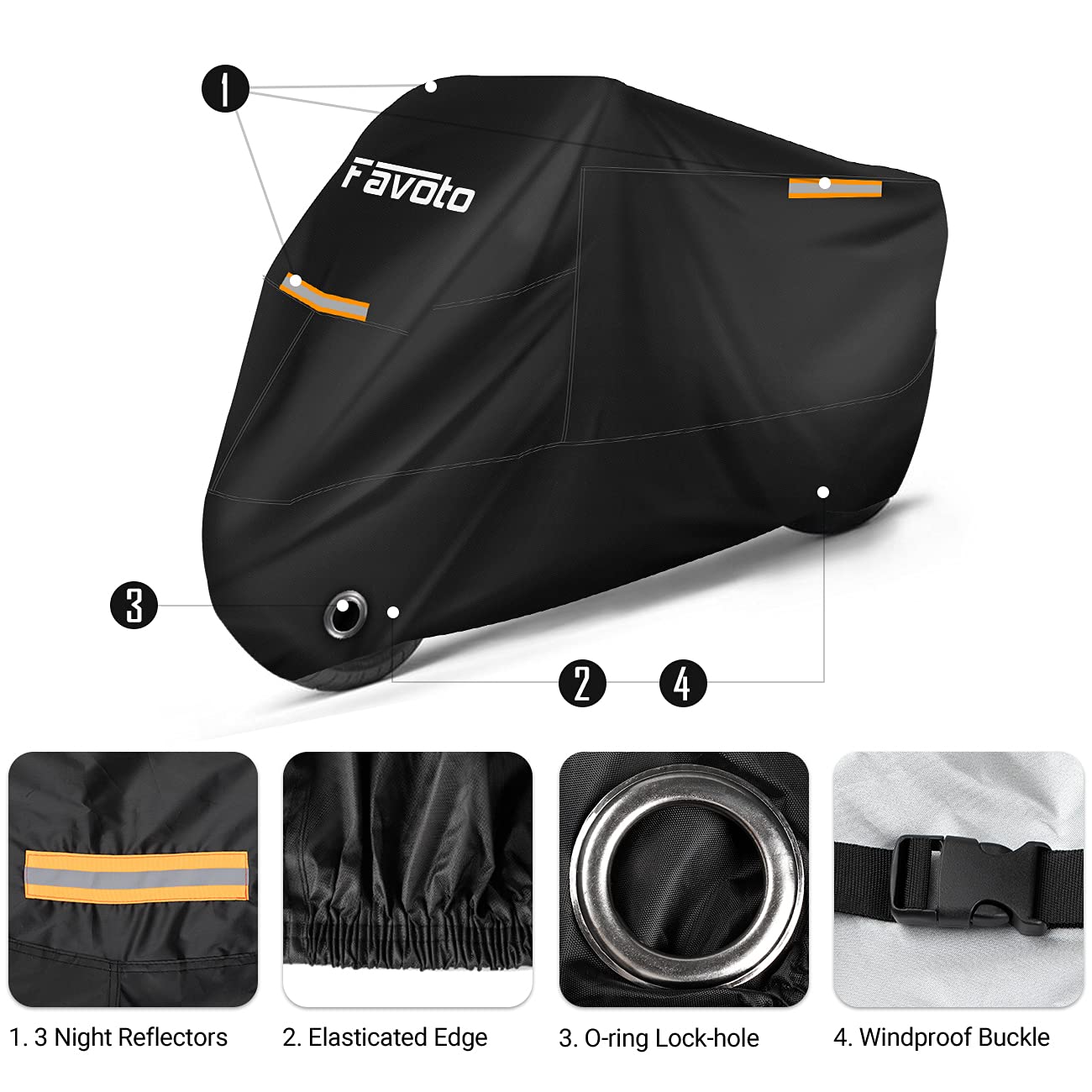 Favoto Motorcycle Cover Outdoor 210T Oxford Fabric Cover Indoor Motorbike Double Stitched with Waterproof Stripes Enhanced Lock Hole 295cmx105cmx125cm