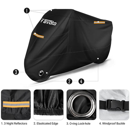 Favoto Motorcycle Cover Outdoor 210T Oxford Fabric Cover Indoor Motorbike Double Stitched with Waterproof Stripes Enhanced Lock Hole 295cmx105cmx125cm