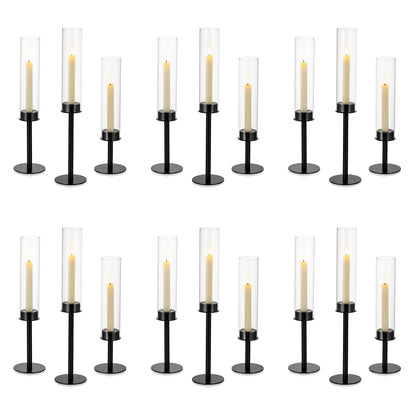 Nuptio Glass Cylinder Candle Holder Metal Black - 18 pieces Cone Candle Stand Taper Candle Pack for Candles, Clear Glass Hurricane Shade Top Candle Modern Wedding Christmas Table Dinner