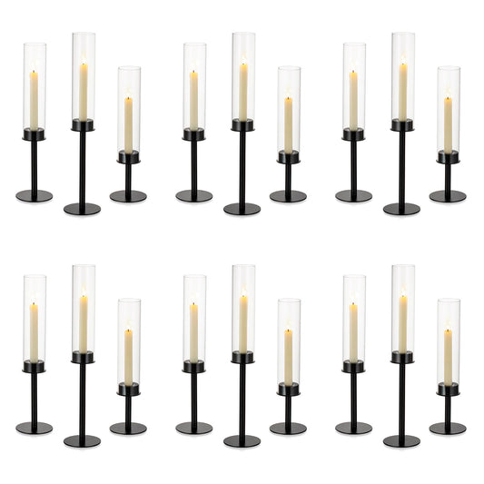 Nuptio Glass Cylinder Candle Holder Metal Black - 18 pieces Cone Candle Stand Taper Candle Pack for Candles, Clear Glass Hurricane Shade Top Candle Modern Wedding Christmas Table Dinner