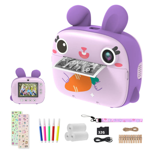 Children's camera instant camera, CAMCLID camera for children with 3 rolls of thermal paper & 32GB card, digital camera & video camera with 2.4" screen, instant camera gift for girls boys (purple)
