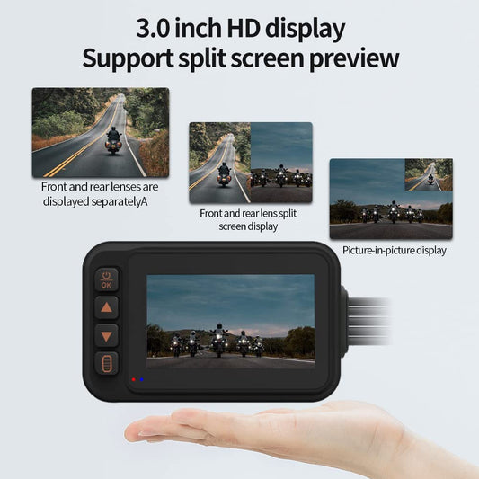 Best Dashcam for motorcycles, 120° wide angle car camera with 3 inch screen, fully waterproof, loop recording, automatic saving, G-sensor, parking monitoring, dual camera.