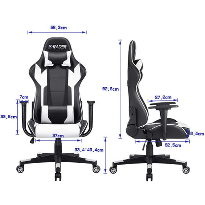 Homall Gaming Chair, ergonomic, adjustable height and back support, gamer seat, office chair, with wheels, quiet, headrest, lumbar support (white)