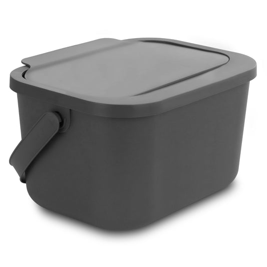 Practice with 4.5L kitchen compost bin, gray with lid. For separating organic waste like fruit and vegetable scraps. Click function for waste separation.