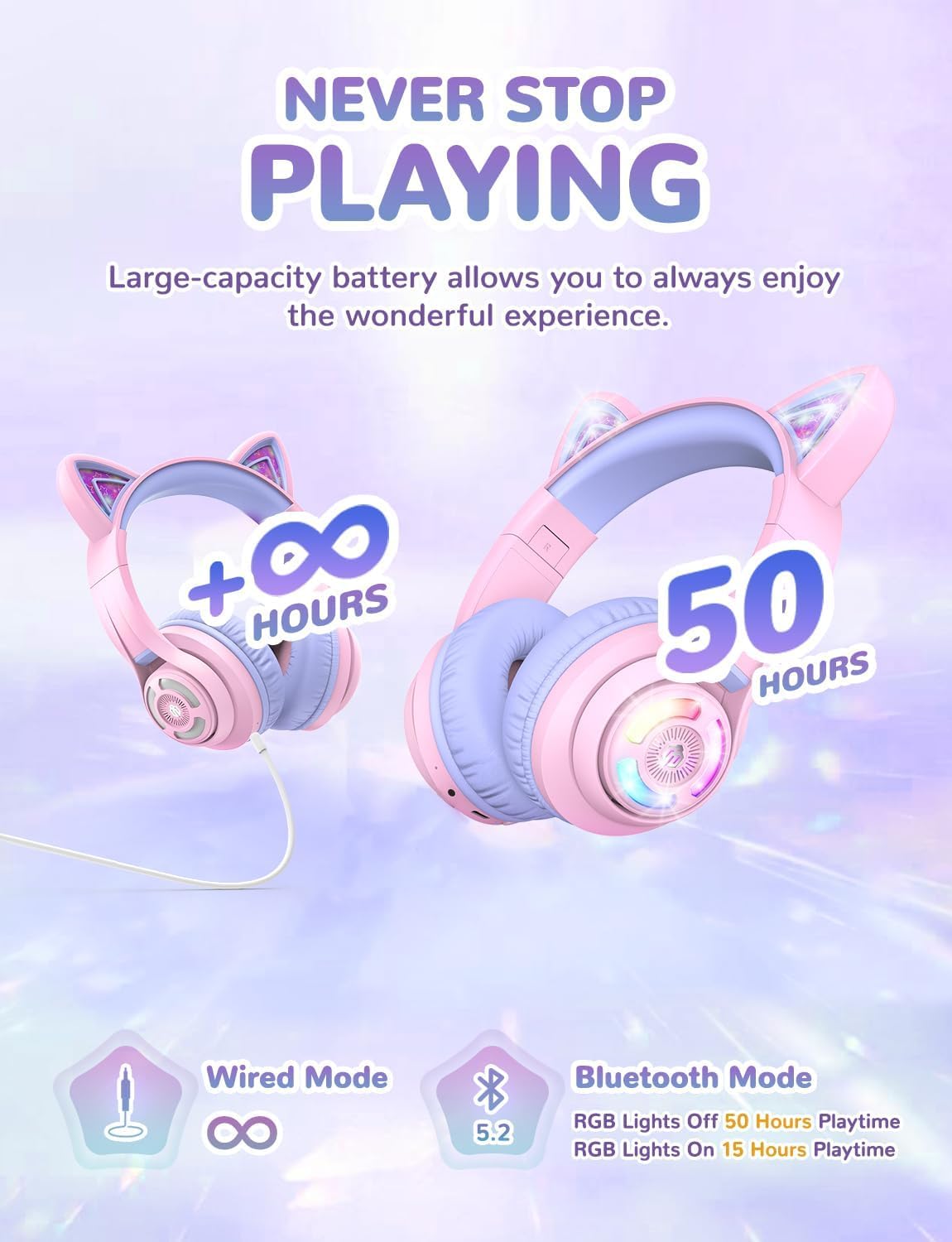 iClever Bluetooth headphones for kids over ear, adjustable 74/85dBA volume control, 50 hours of playtime, Bluetooth 5.2, kids headphones with microphone for school/tablet/phone/PC