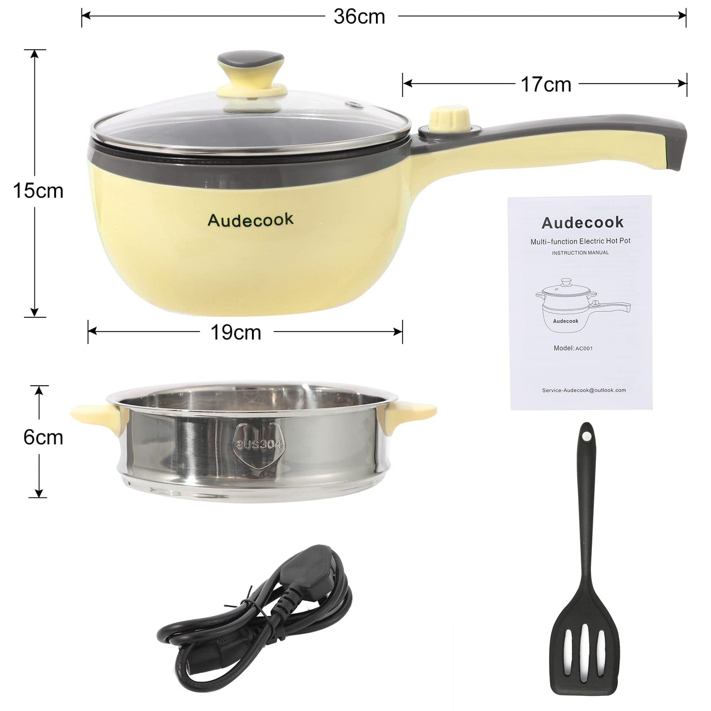Audecook Electric Hot Pot with Steamer, 1.5 L/20cm Electric Frying Pan Hotpot Pot Non-stick Mini Electric Skillet, Multicooker for Dorm Ramen, Steak (B (yellow/1.5l with steamer))