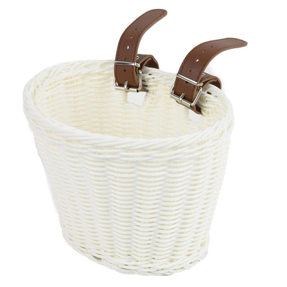 Bicycle basket for children, wicker bike basket for girls and kids in the front, plastic kids bike basket with leather straps, decorative, detachable (White)