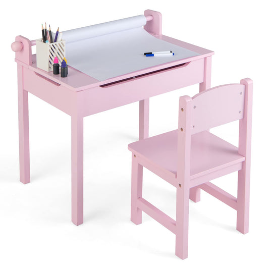 DREAMADE Kids Desk with Chair, Wooden Student Desk, Youth Desk, Children's Table, Kids Desk with Paper Roll Holder & Storage Space, Paper Roll and Markers Included (Pink)
