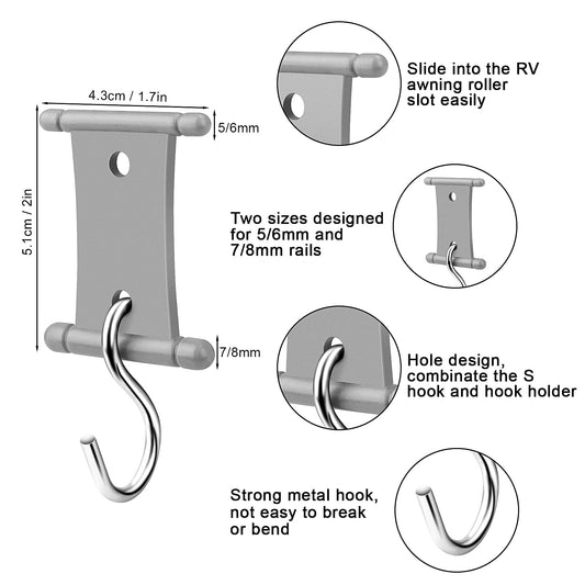 Homgaty Kederleiste Hooks, 16 set RV Awning Hooks for Keder Rail 5/6mm and 7/8mm, Camping Awning Hooks Keder Rail Accessories for Motorhome, Caravan, Camping Tent