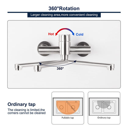 Wall-mounted stainless steel kitchen faucet, 360° rotatable, cold and hot water mixer, swivel arm 23cm, brushed.