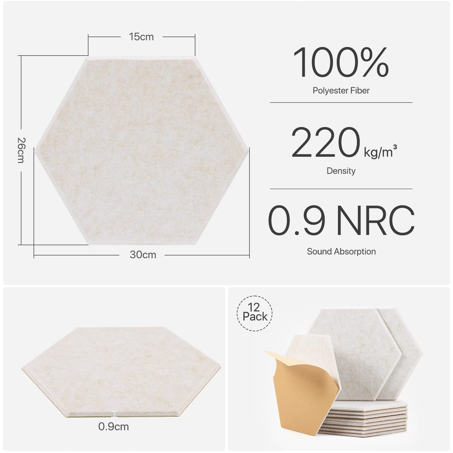 Hexagon acoustic panels, 12 pieces sound absorber for recording studio, living room, gaming decor, children's room, office, walls, ceilings, doors. Self-adhesive acoustic panels, 30 x 26 x 0.9cm, beige.