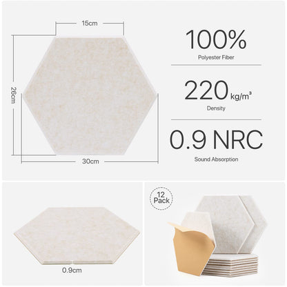Hexagon acoustic panels, 12 pieces sound absorber for recording studio, living room, gaming decor, children's room, office, walls, ceilings, doors. Self-adhesive acoustic panels, 30 x 26 x 0.9cm, beige.