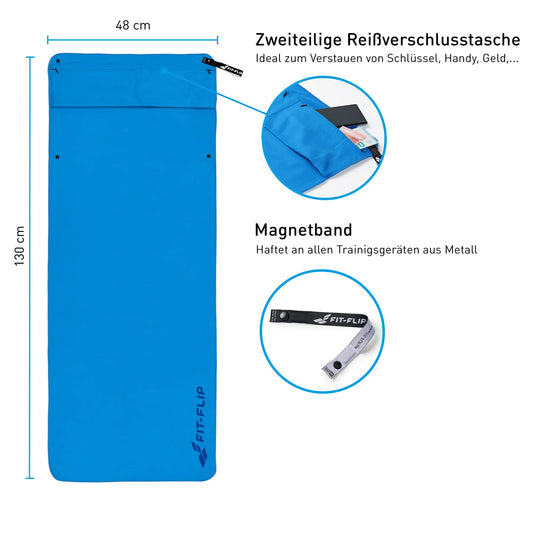 Fit-Flip Fitness towel made of microfiber - with magnet and zipper pocket - gym towel for sports and gym - compact & quick-drying - sports towel for the gym - blue - 130x48cm
