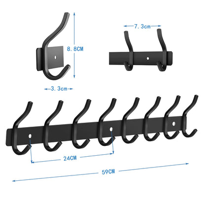 MEIJO stainless steel coat hooks, hook rail coat hooks wall with 8 hooks, coat rack wall coat rack for bedroom bathroom kitchen (Black, 8 hooks 2 pieces)