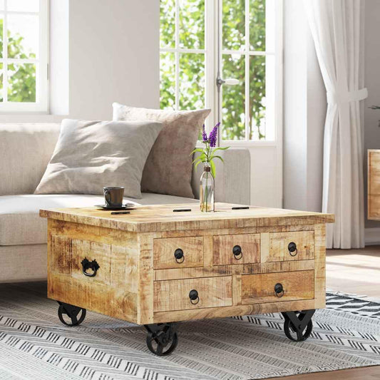 vidaXL Rustic Mango Wood Coffee Table with 5 Drawers, 1 Storage Compartment Vintage Side Table Living Room Table Coffee Table Sofa Table 70x70x40cm