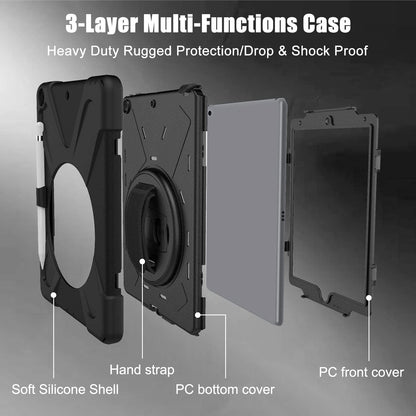Gerutek case for iPad 9th/8th/7th Generation 10.2 Inch, Shockproof Tough Protective Case with 360° Rotating Stand Pencil Holder Hand Strap Shoulder Strap, Armor Case for iPad 10.2" 2021/2020/2019, Black