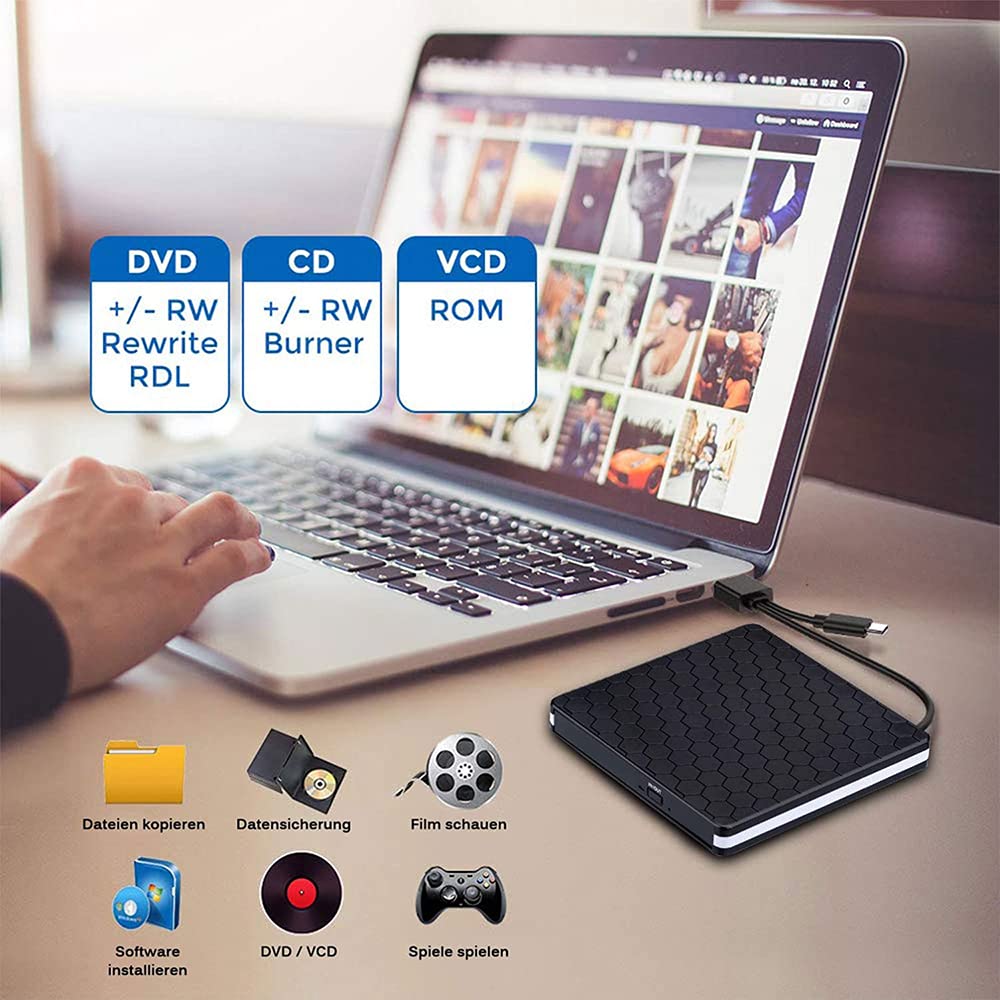 Amicool External DVD Drive, USB 3.0 Type-C CD DVD +/-RW Optical Drive USB C Burner Slim CD/DVD ROM Rewriter Writer Reader Portable for PC Laptop Desktop MacBook Mac Windows 7/8.1/10 Linux OS Apple