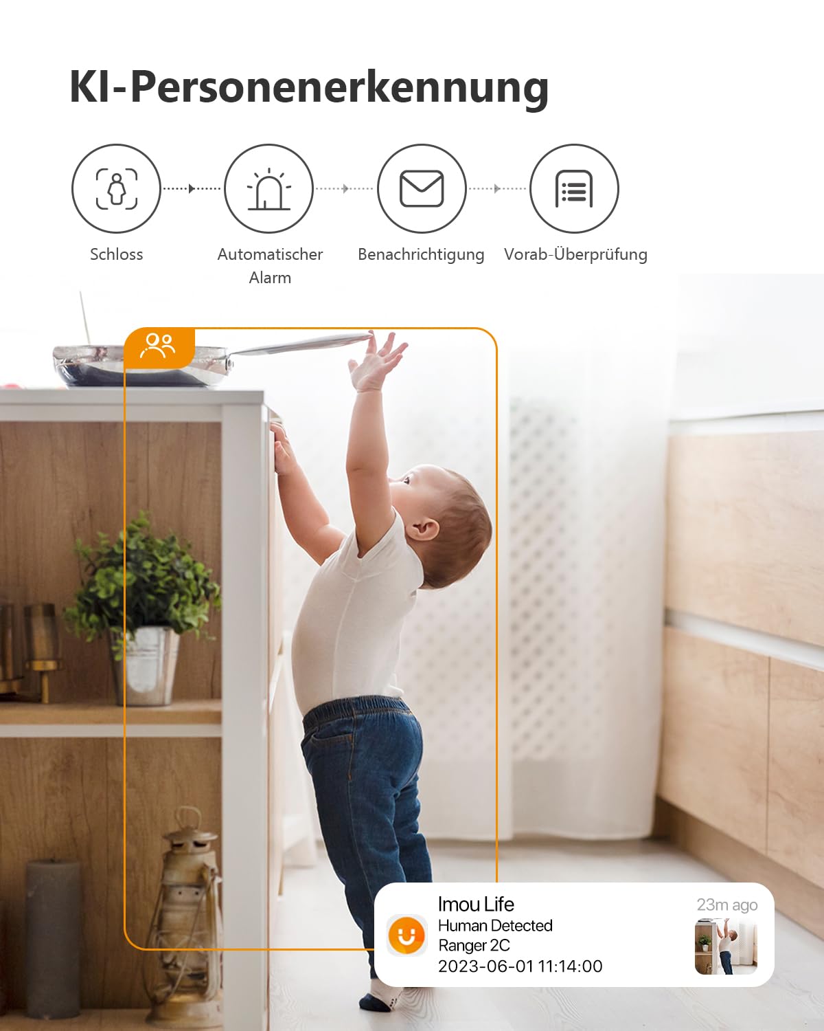 Imou 2K indoor surveillance camera with 360° coverage, AI person detection, automatic tracking, night vision, two-way audio, siren, works with Alexa.