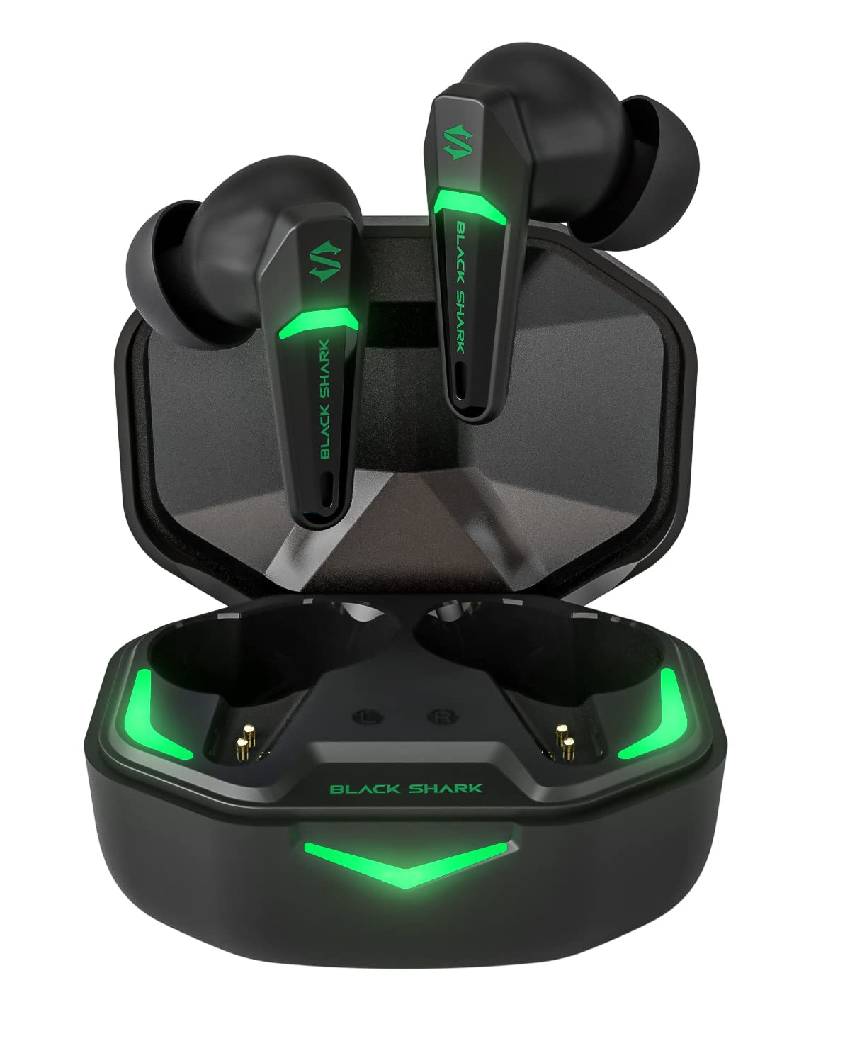 Black Shark wireless Bluetooth headphones with ultra-low latency of 55 ms, Bluetooth 5.2 gaming earbuds with dual modes, 10mm drivers, 35h playtime, IPX4 waterproof, 4 microphones.