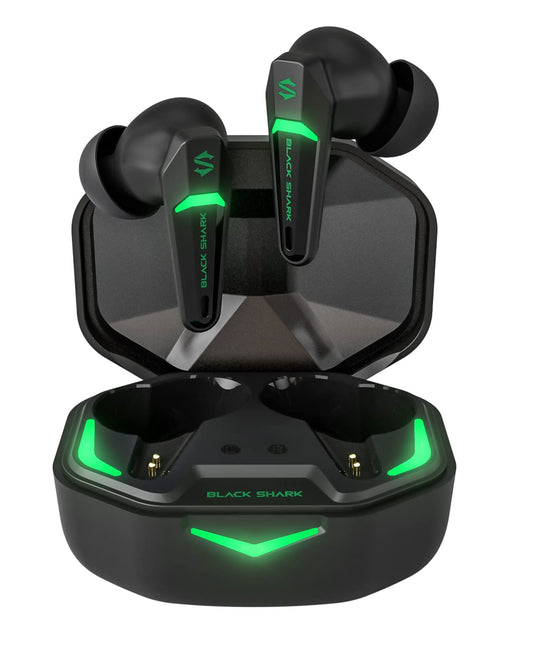 Black Shark wireless Bluetooth headphones with ultra-low latency of 55 ms, Bluetooth 5.2 gaming earbuds with dual modes, 10mm drivers, 35h playtime, IPX4 waterproof, 4 microphones.