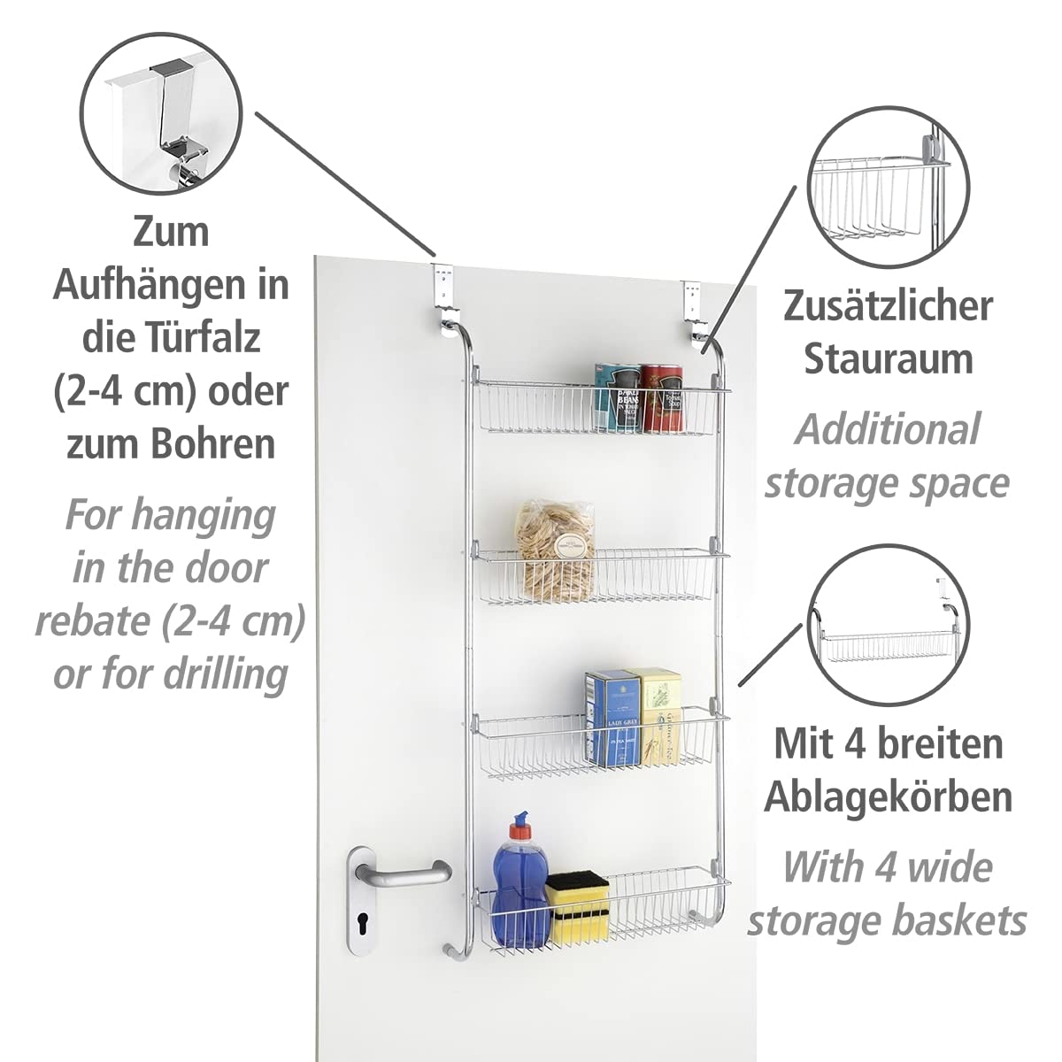 WENKO door rack with 4 baskets, storage and organization, 109 x 14 x 50 cm.