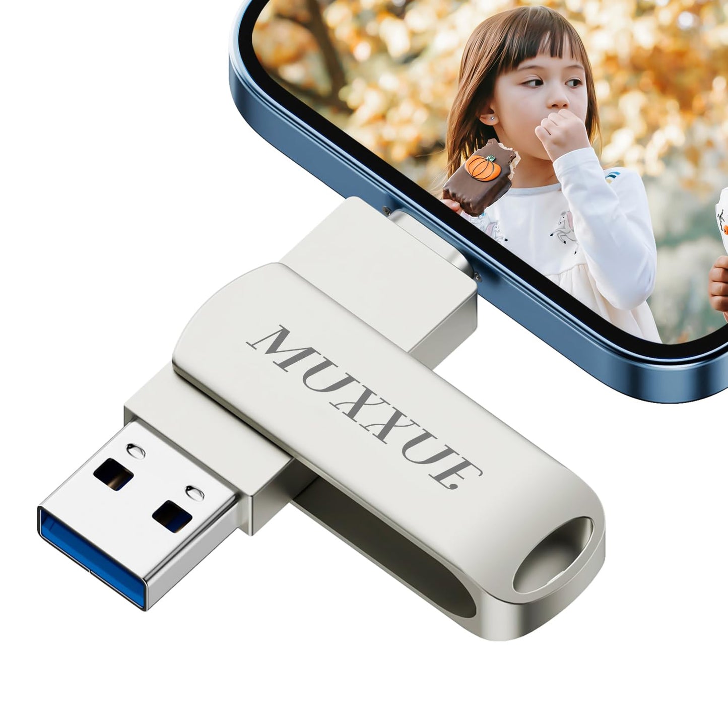 128GB 3 in 1 USB Stick Phone, MUXXUE Memory Stick Phone, USB Stick for Phone, pad, Android, PC, Copy photos and videos without downloading an app.