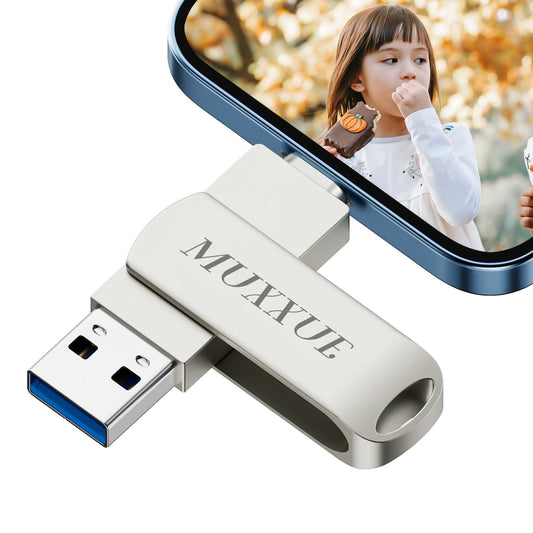 128GB 3 in 1 USB Stick Phone, MUXXUE Memory Stick Phone, USB Stick for Phone, pad, Android, PC, Copy photos and videos without downloading an app.