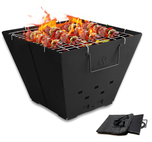 Snowpea - Portable campfire, Foldable, Outdoor fire pit with carrying bag, Iron fire bowl for picnics, campfires, patio - Includes grill grate.