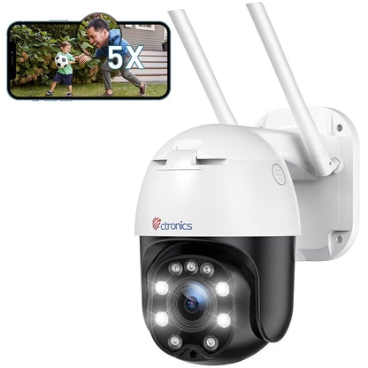 Ctronics 5X Optical Zoom Outdoor Security Camera, PTZ Dome WiFi IP Camera with Human Motion Detection, Auto Tracking, 30m Color Night Vision, 2-Way Audio, IP66 Waterproof.