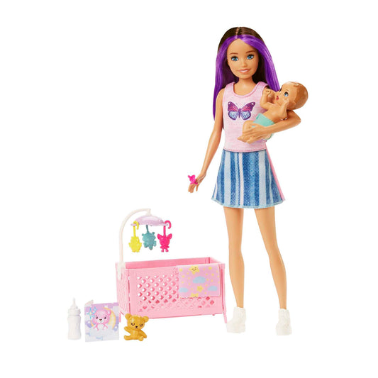 Barbie Skipper Babysitter Inc, Skipper Big Babysitting Adventure, Skipper with brown hair and baby, bottle, crib, accessories, includes 2 dolls, can be given as a gift, HJY33