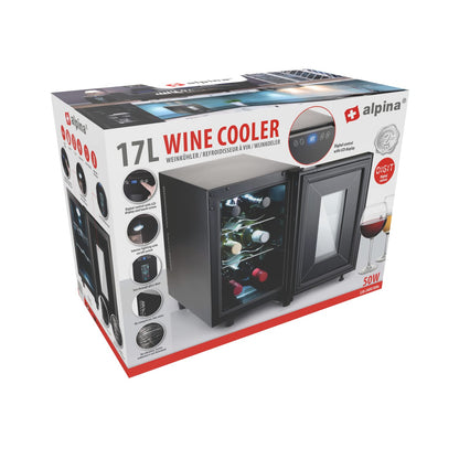 Alpina Wine Cooler 18L - Cooler for 6 bottles - Bottle chiller 230V - Temperature adjustable from 11°C to 18°C - Glass door and interior lighting - Low noise to silent operation - Black