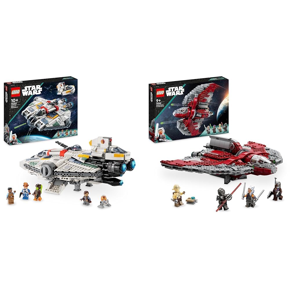 LEGO 75357 Star Wars Ghost & Phantom II set with 2 Ahsoka vehicles & 75362 Star Wars Ahsoka Tano's T-6 Jedi Shuttle set, buildable spaceship toys.
