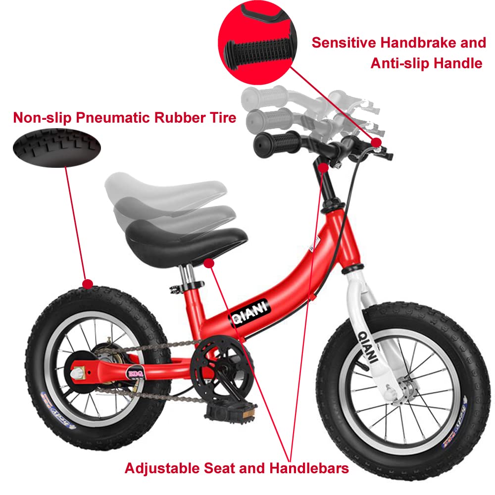 Qiani 2-in-1 balance bike for kids aged 2-7, with brakes, training wheels, pedals, air tires, and kickstand. Available in blue, 12-inch size.