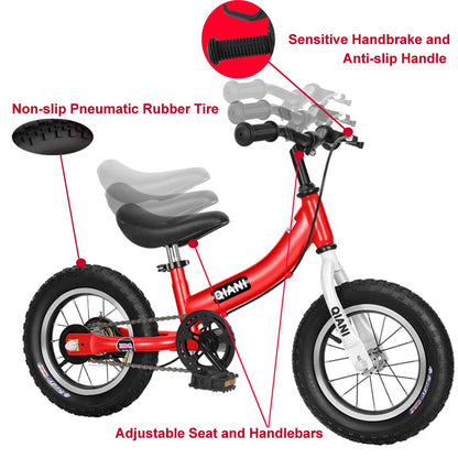 Qiani 2-in-1 balance bike for kids aged 2-7, with brakes, training wheels, pedals, air tires, and kickstand. Available in blue, 12-inch size.