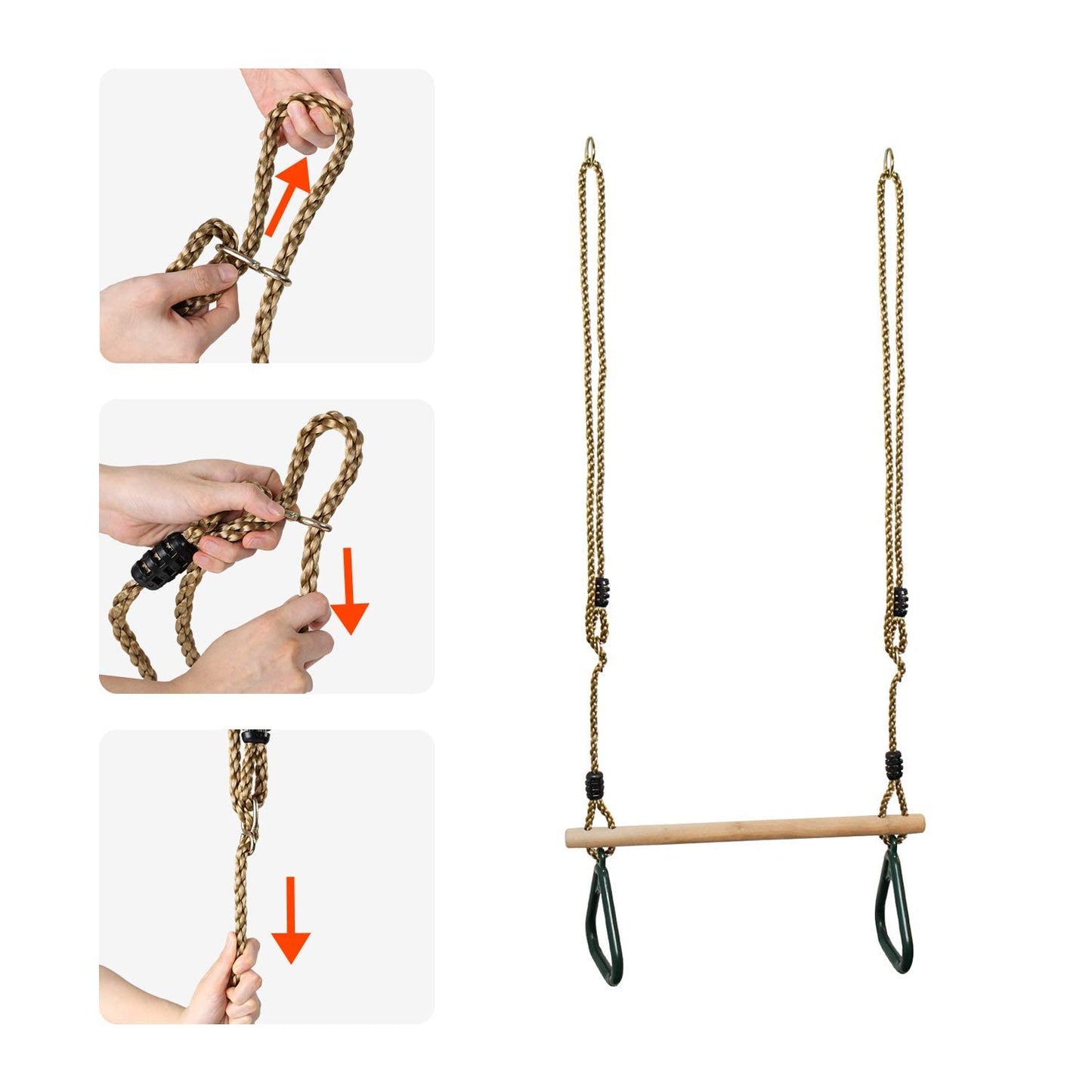Leogreen Kids Wooden Trapeze Swing with Plastic Gym Rings, Hangs up to 150KG, Outdoor Swing for Children, Kids' Wooden Trapeze Swing for Garden Indoor Outdoor, Green.