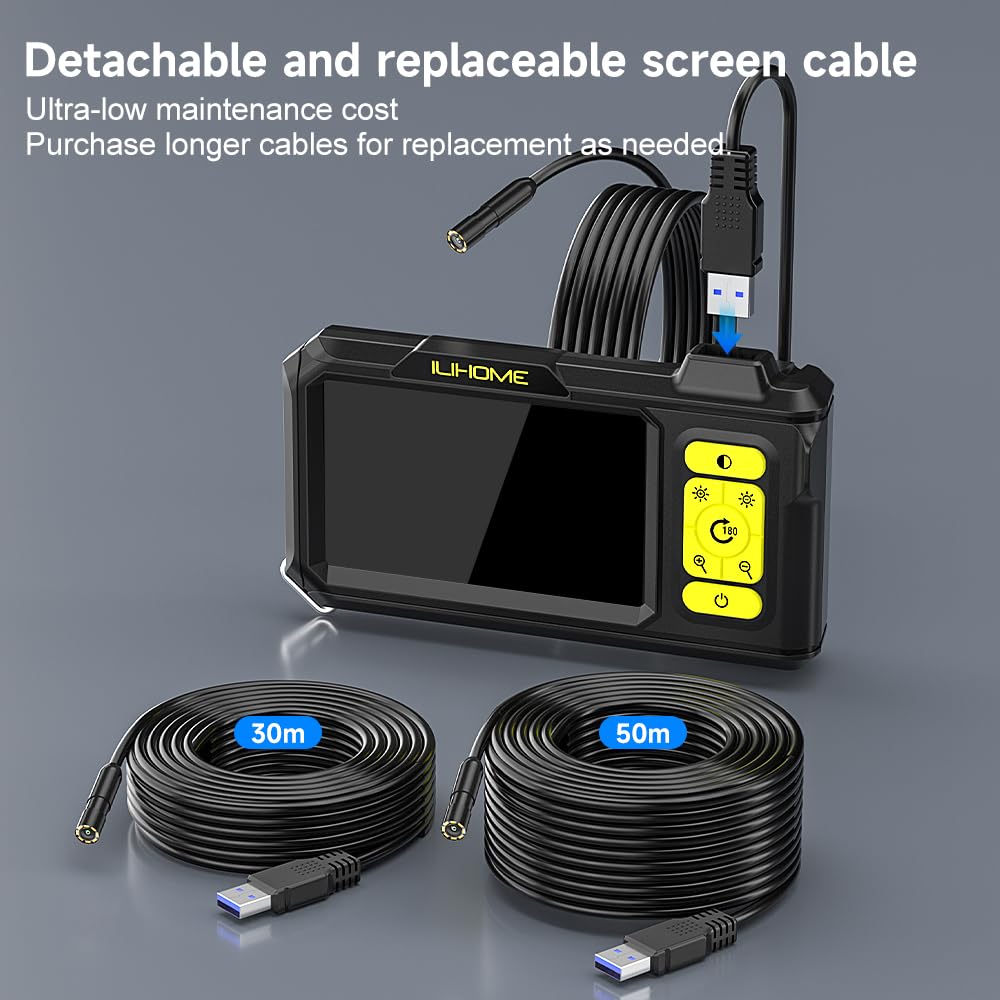 ILIHOME endoscope camera with light, industrial endoscope inspection camera 4.3 IPS screen waterproof snake camera pipe camera channel endoscope camera with 8 LED lights-5M