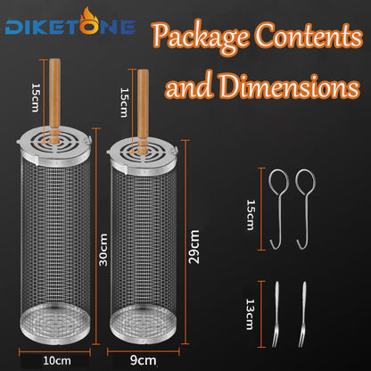 Rolling grill basket, stainless steel grill basket vegetable grilling accessory. 304 stainless steel with detachable wooden handles. Outdoor cooking camping outdoor kitchen grill rack (2 pieces).