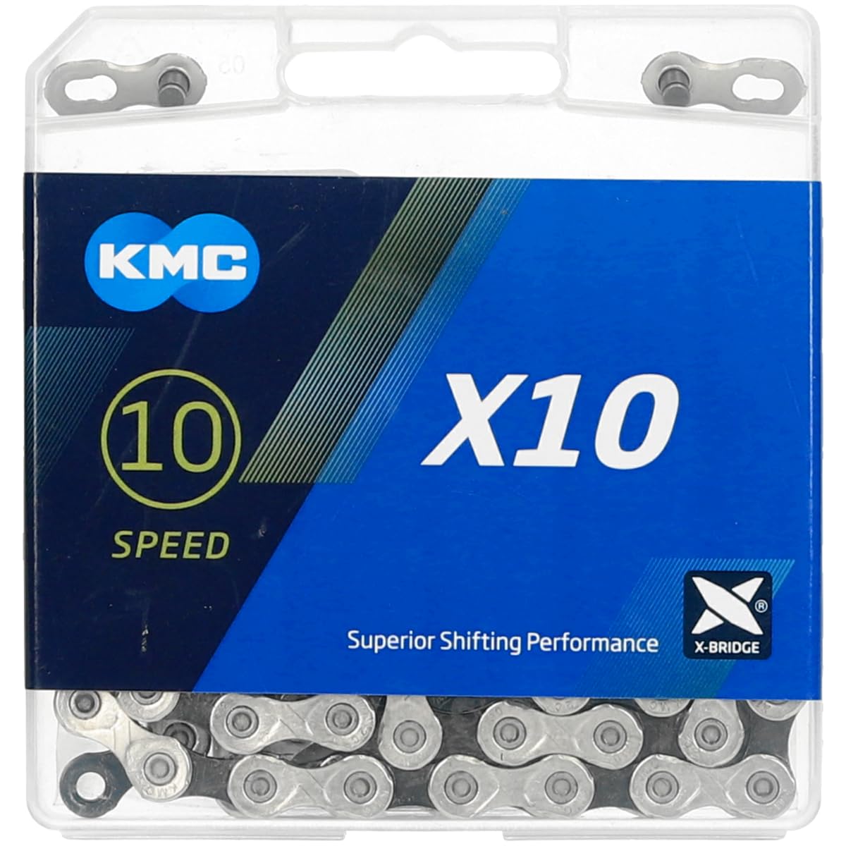 Bicycle chain, KMC bike chain, X10 Silver/Black, 1/2" x 11/128", 114 links, 10-speed, compatible with Shimano / Sram / Campagnolo, black-silver
