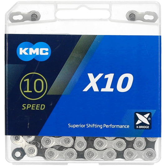 Bicycle chain, KMC bike chain, X10 Silver/Black, 1/2" x 11/128", 114 links, 10-speed, compatible with Shimano / Sram / Campagnolo, black-silver