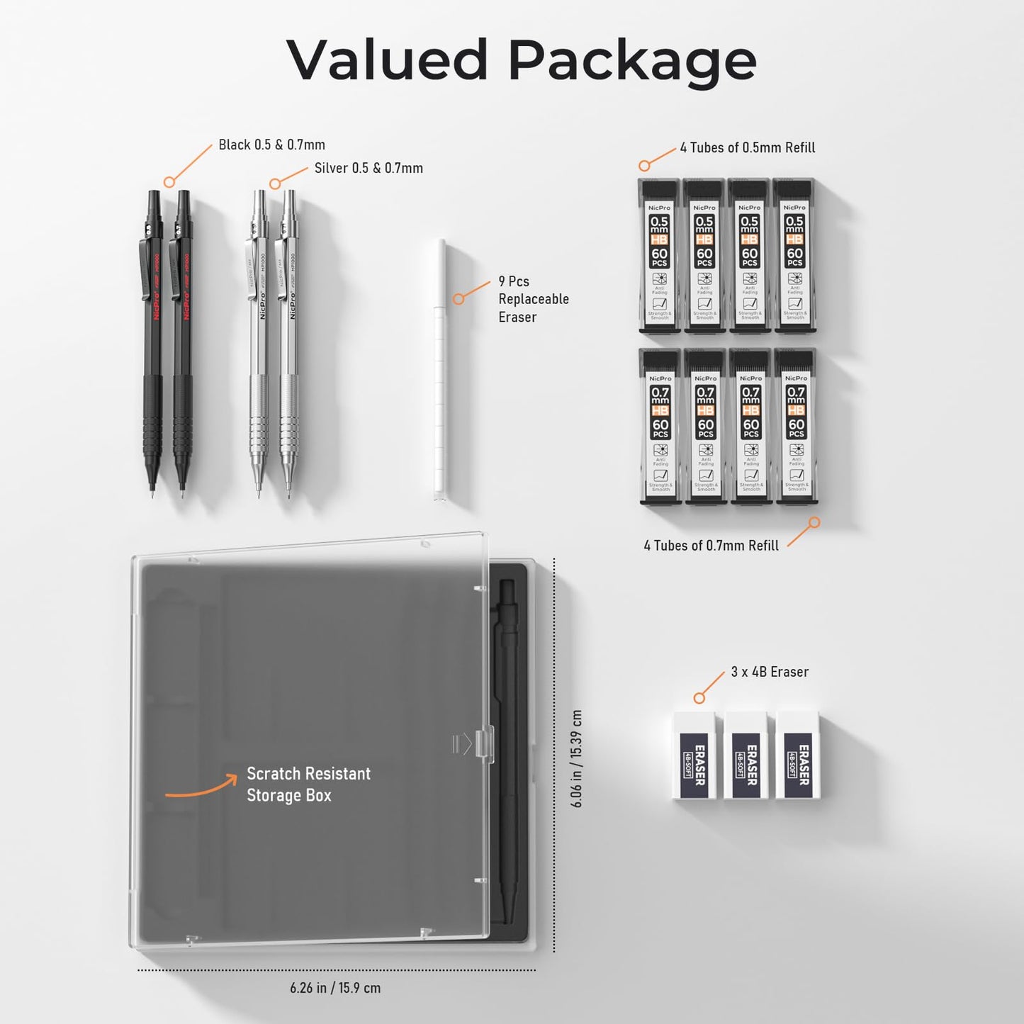 Nicpro 4 pieces mechanical pencils 0.5 mm and 0.7 mm with case, MP1000 metal artist pen set with 8 refill tubes, 3 erasers, for artistic writing, drawing, black and silver.