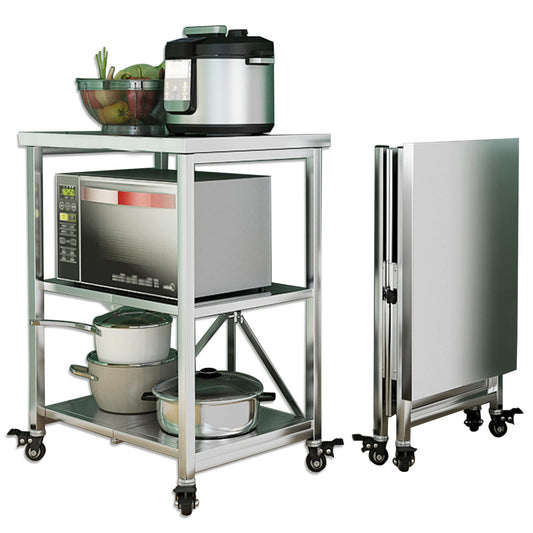 Stainless steel serving cart, 3 shelves foldable transport cart storage shelf trolley with wheels, utility cart for restaurant hotel school household cart (Size: 60X45X80CM)