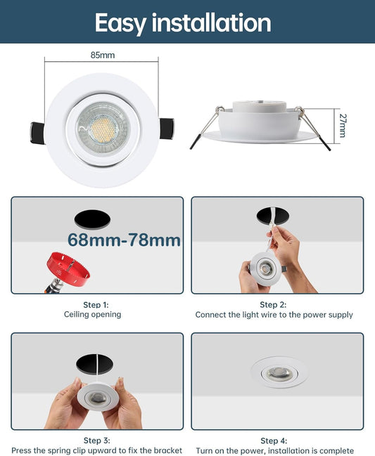 Schiele LED recessed spotlights, flat spots, 230V, dimmable, 68-78mm cutout, 7W warm white ceiling spots, white IP44 for bathroom living room, set of 12.