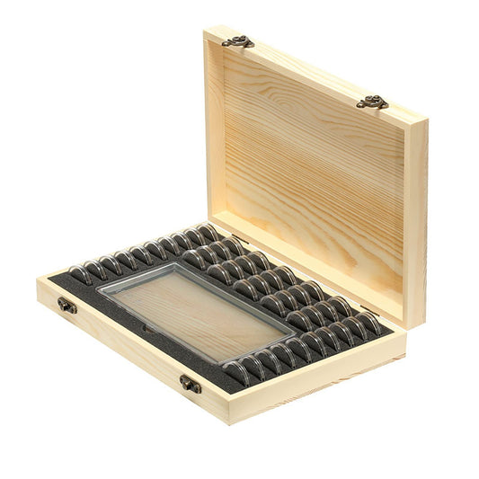 Wooden coin capsule holder, coin storage box, coin collection holder with lock, coin collector organizer, container, coin display for 40 coins and 100 banknotes.
