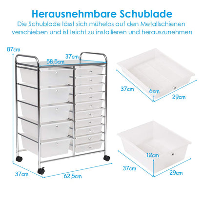 COSTWAY rolling cart with 15 stackable drawers, drawers cart with metal frame and shelf, bathroom trolley storage cart for office, living room, 62.5 x 37 x 87 cm.