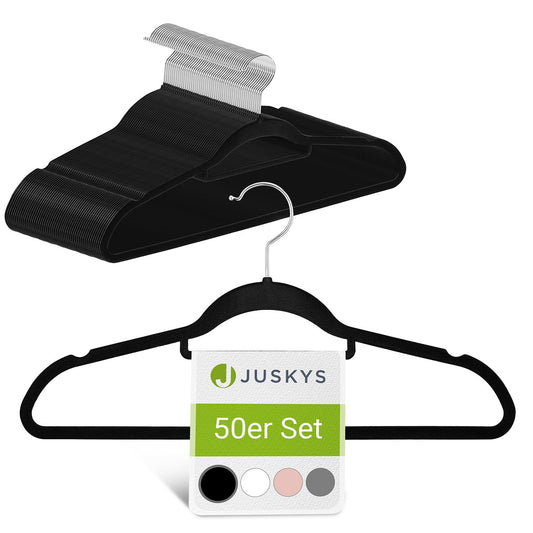 Juskys Velvet Hangers 50-piece Set - nonslip, slim, space-saving - flocked velvet hangers - swivel hooks - 50 Black Hangers