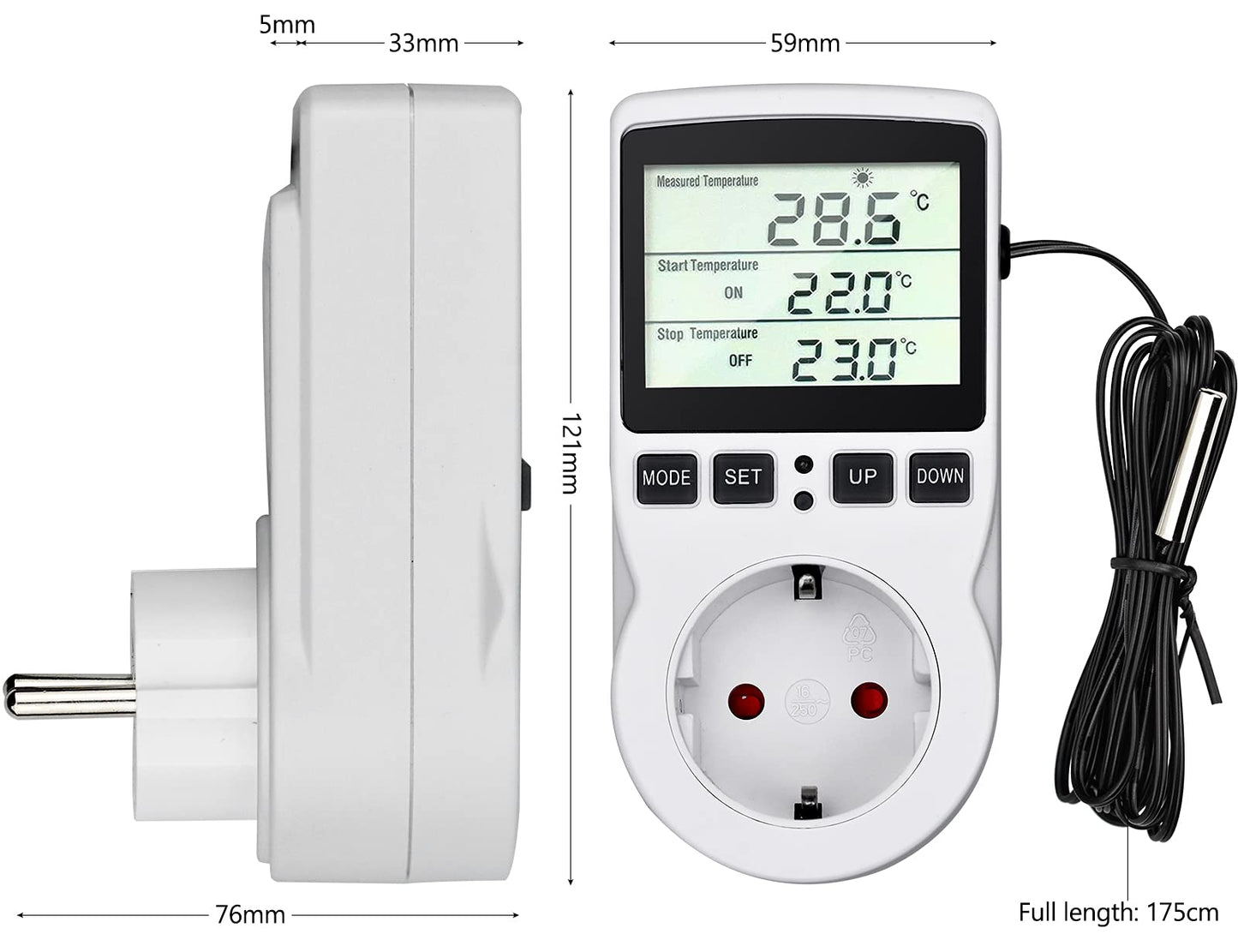 Temperature controller 230v Digital Thermostat Socket Plug thermostat with sensor Timer, Temperature socket heating cooling for greenhouse heating blanket water tank