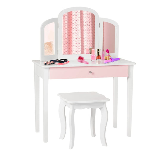 GOPLUS 2 in 1 Kids Vanity Table, Dressing Table & Chair, Makeup Table with Removable 3-Fold Mirror & Drawer, Padded Stool, made of wood, in country style, Children's Vanity Table for Girls (White)