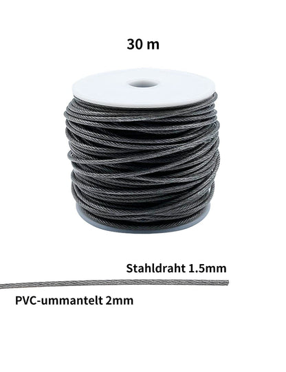 30M trellis wire rope 304 stainless steel, PVC-coated 2mm steel wire 1.5mm 5x turnbuckle M5 hook eye, 10x thimble, 10x wire rope clamps, 10x eye screw, 10x expansion tube, 67 pcs.