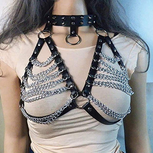 Punk Women's Harness Bra Sleeveless Gothic Steampunk Adjustable Leather Top Chest Belt Collar Chains Straps Harness Vintage Rock Chest Chain Body Jewelry For Party Dancing