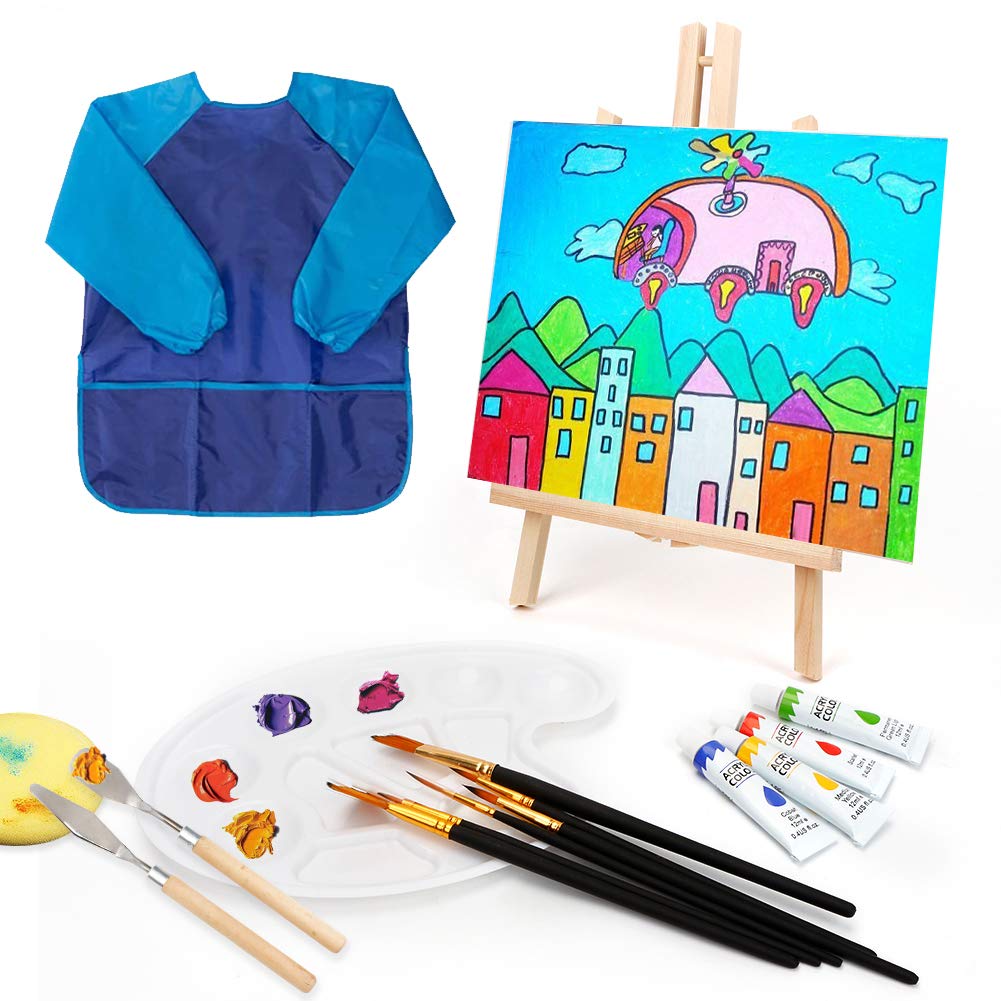 HOTOOLME 55 pieces Canvas Painting Set with Acrylic Paint Set, including wooden easel, canvases, brushes, palette, and storage bag. Acrylic painting starter kit for boys and girls.
